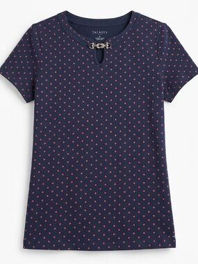 Talbots Navy Short Sleeve Polka Dot Top with Silver Buckle Detail